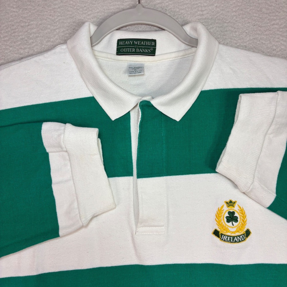 Vintage Outer Banks Rugby Shirt Men XL Green White Striped Ireland Polo Made USA
